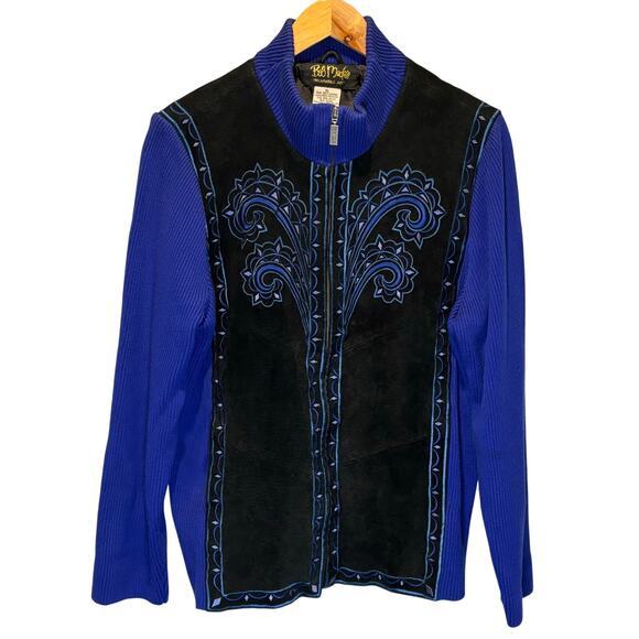 Bob Mackie Black Suede & Blue Knit Zip Front Embroidered Jacket - size XL - Picture 1 of 6